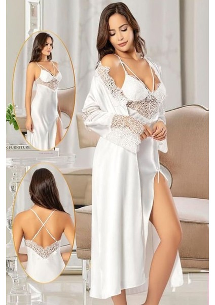 2104 Kadın Ekru Saten Sabahlıklı Gecelik Takım