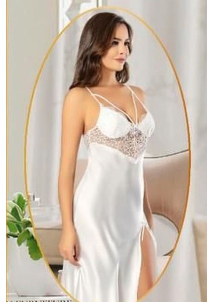 2104 Kadın Ekru Saten Sabahlıklı Gecelik Takım fiyatları