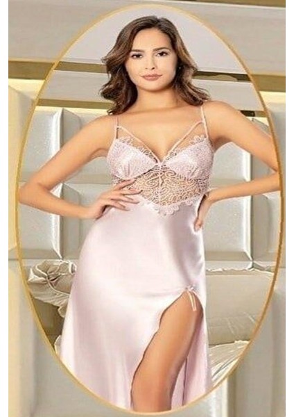 2104 Kadın Pudra Saten Sabahlıklı Gecelik Takım fiyatları