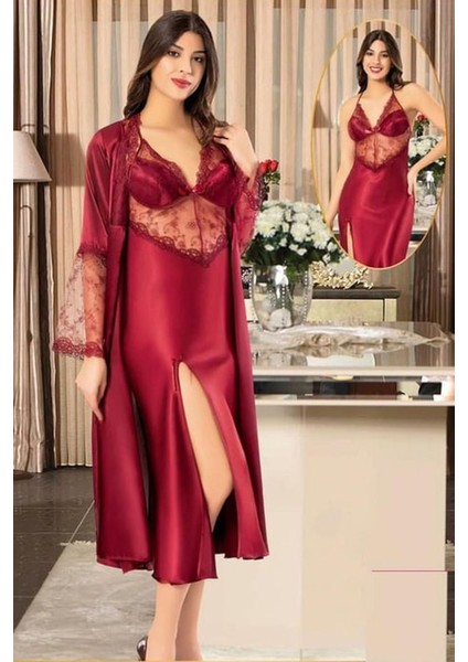 2110 Kadın Bordo Saten Sabahlıklı Gecelik Takım