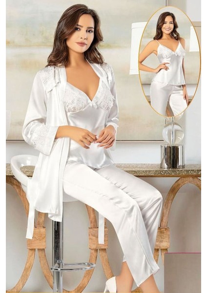 2102 Kadın Ekru Saten Sabahlıklı Pijama Takım