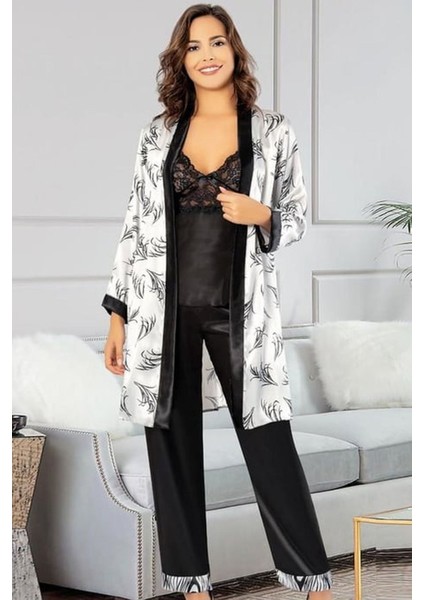 2150 Kadın Sıyah Saten Empirme Sabahlıklı Pijama Takım
