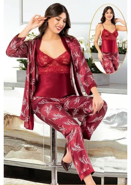 2150 Kadın Bordo Saten Empirme Sabahlıklı Pijama Takım
