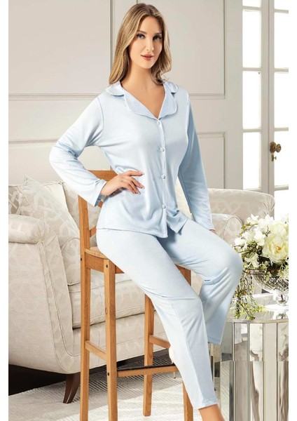 5010 Kadın Mavı Uzun Kollu Önden Düğmeli Gömlek Yaka Pijama Takımı