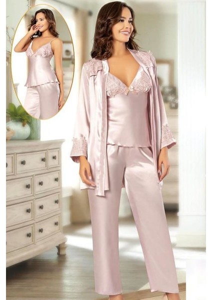 2102 Kadın Pudra Saten Sabahlıklı Pijama Takım