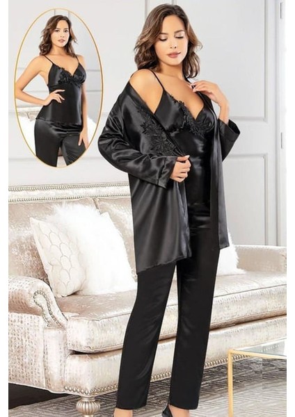 2103 Kadın Sıyah Saten Sabahlıklı Pijama Takım