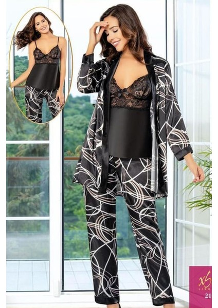 2151 Kadın Sıyah Saten Empirme Sabahlıklı Pijama Takım