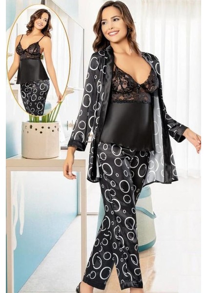 2152 Kadın Sıyah Saten Empirme Sabahlıklı Pijama Takım