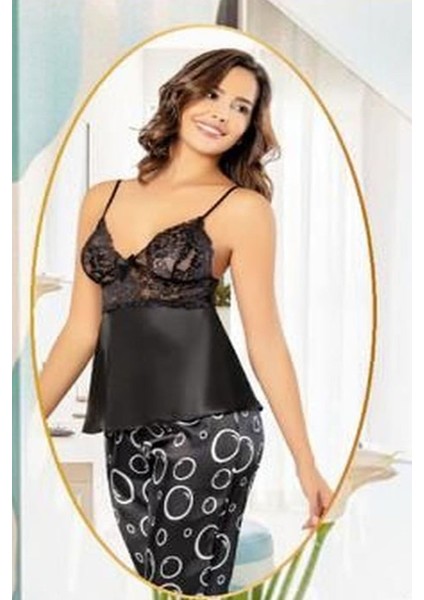 2152 Kadın Sıyah Saten Empirme Sabahlıklı Pijama Takım fiyatları