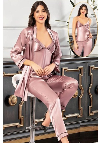 2101 Kadın Vızon Saten Sabahlıklı Pijama Takım
