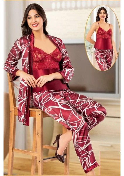 2151 Kadın Bordo Saten Empirme Sabahlıklı Pijama Takım