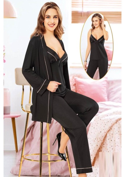 5015 Kadın Sıyah Penye Sabahlıklı 3 Lü Pijama Takım