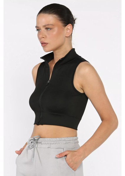 Kadın Ön Fermuarlı Likralı Crop Top Bluz P-00017761