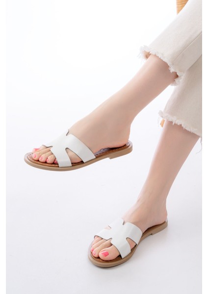 169-6100 Beyaz Ortopedik Hakiki Deri Kadın Terlik