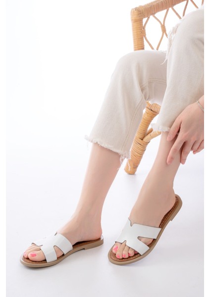 169-6100 Beyaz Ortopedik Hakiki Deri Kadın Terlik modelleri