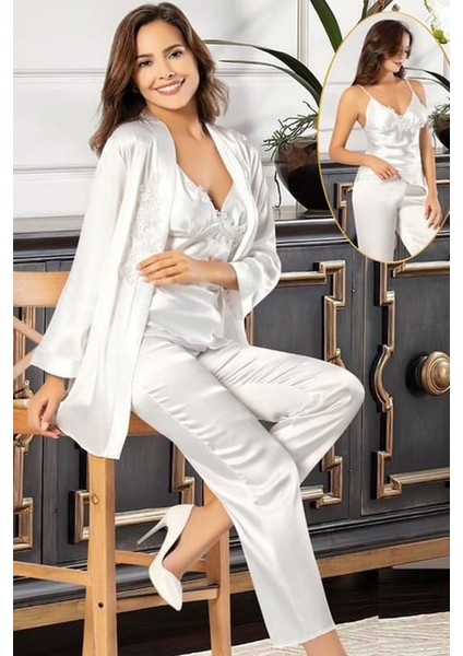 2103 Kadın Ekru Saten Sabahlıklı Pijama Takım
