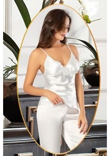 2103 Kadın Ekru Saten Sabahlıklı Pijama Takım fiyatları