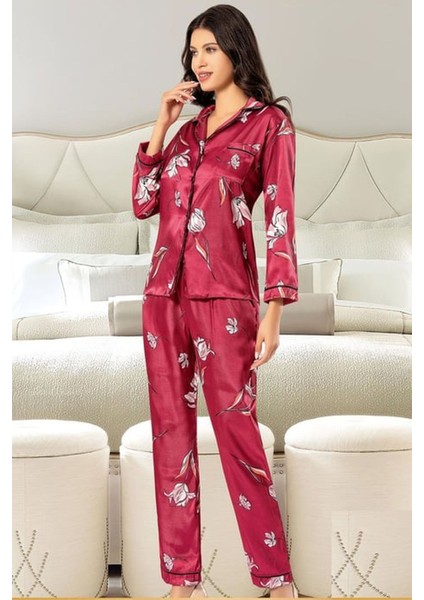2000 Kadın Bordo Uzun Kollu Saten Önden Düğmeli Empirme Pijama Takımı
