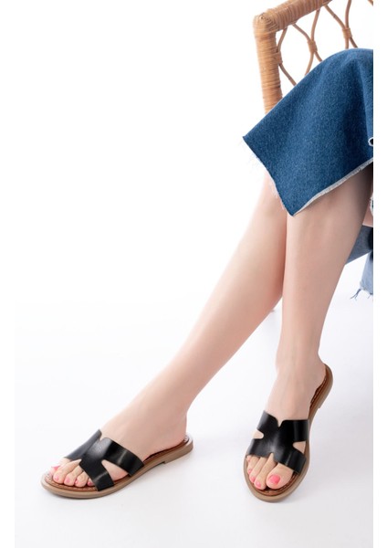 169-6100 Siyah Ortopedik Hakiki Deri Kadın Terlik