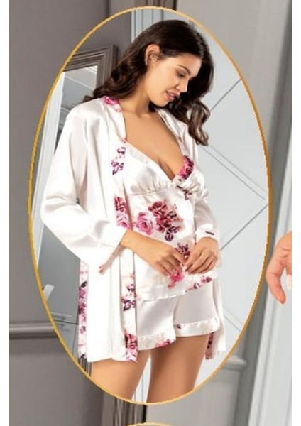 2155 Kadın Gulkurusu Saten Empirme Sabahlıklı 4'lü Pijama Takım modelleri