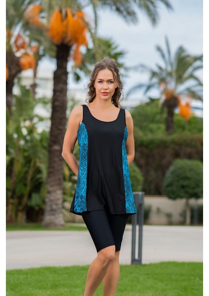 25170-4 Desenli Büyük Beden Omuzdan Askılı Lycra Kumaş Taytlı Tankini modelleri
