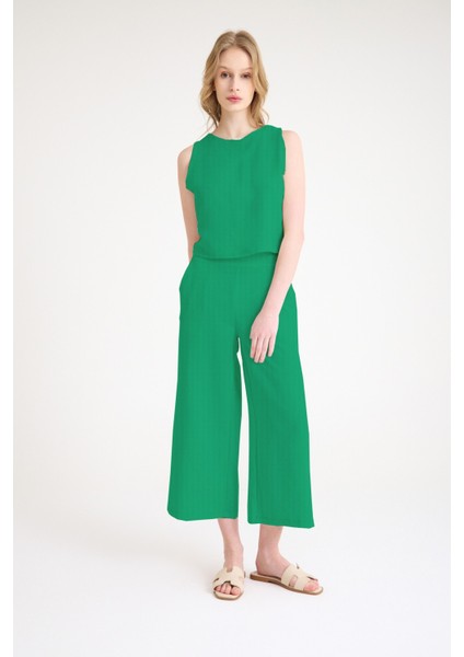 Yazlık Sırt Detaylı Kolsuz Üst Yüksek Bel Kapri Pantolon Yeşil Ikili Keten Takım fiyatları
