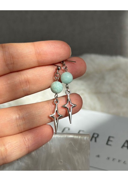 Amazonit Doğal Taş Yıldız Charmlı Çelik Küpe
