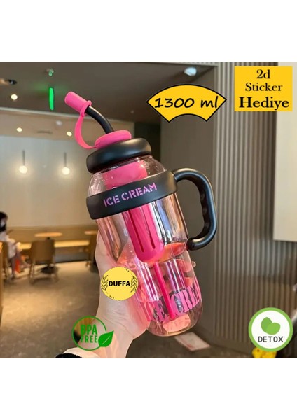 Siyah 1300ML Büyük Kapasiteli Pipetli Su ve Detoks Matara, Bpa Içermez