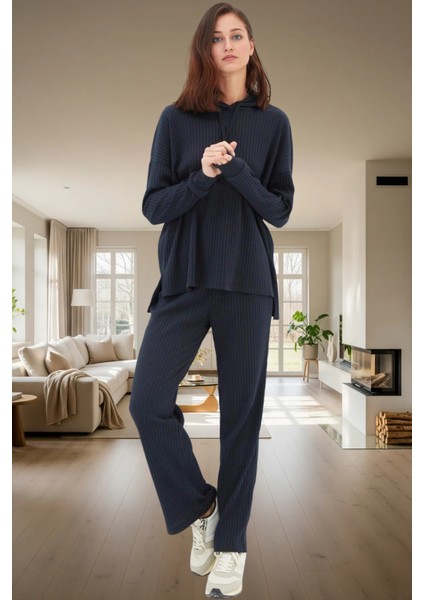 Kapüşonlu Uzun Kollu Pijama Takımı Polyester Pamuk Karışımı Rahat Yüksek Kalite ve Şık