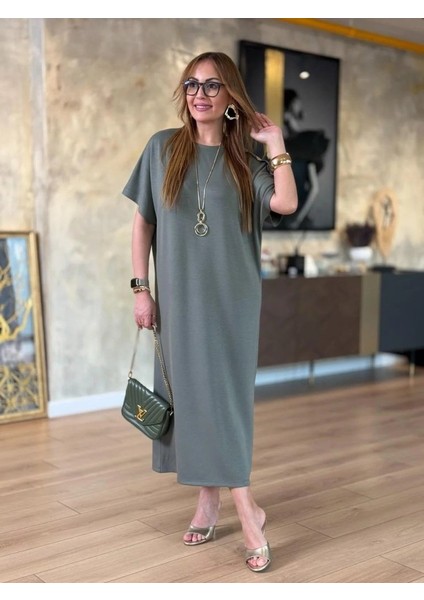 Kadın Kısa Kollu Bisiklet Yaka Omuzdan Düğmeli Uzun Viskon Iki Iplik Elbise fiyatları