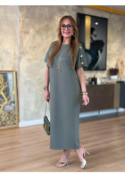 Kadın Kısa Kollu Bisiklet Yaka Omuzdan Düğmeli Uzun Viskon Iki Iplik Elbise modelleri