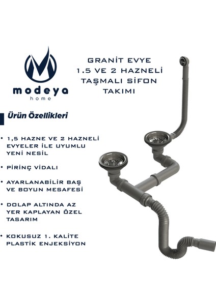 Granit Evye 1.5 ve 2 Hazneli Taşmalı Sifon Takımı