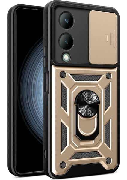 Vivo Y17S Kılıf Pars Lens Yüzüklü Silikon - Gold Arbkd
