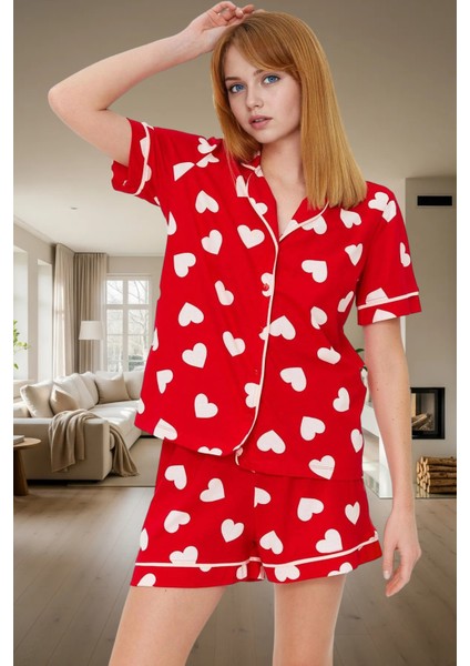 Yazlık %100 Pamuklu Pijama Takımı Kalpli Desenli Kısa Şort ve Gömlek Zarifane Tasarım