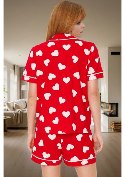 Yazlık %100 Pamuklu Pijama Takımı Kalpli Desenli Kısa Şort ve Gömlek Zarifane Tasarım modelleri