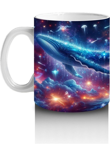 Çocuklara Sütü Sevdiren Galakside Yüzen Dev Mavi Balina Desenli Kupa Bardak