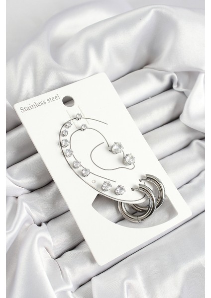 316L Çelik Halka Figürlü ve Zirkon Taşlı Gümüş Renk 7'li Çift Kadın Küpe Set