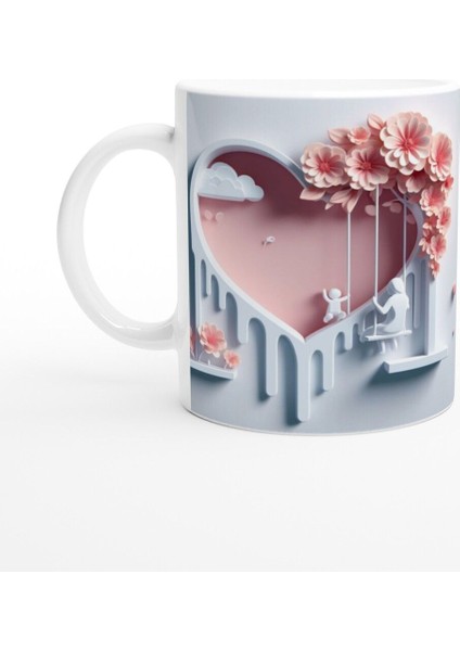 Pembe Kalp Fonlu Salıncakta Anne ve Çocuk Kupa Bardak