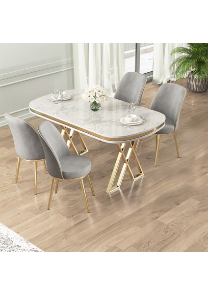 Lai Serisi 90X168 Lak Panel Beyaz Mermer Desen Masa ve 4 Gri Sandalye Gold Kaplama Ayak