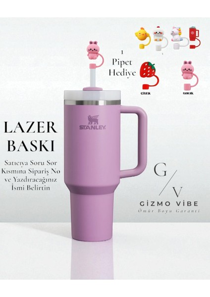 Quencher Pipetli Termos 1,18 Lila Özel Isimli