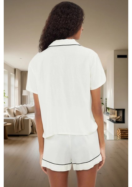 Shally Dokuma %100 Viskoz Biyeli Detaylı Rahat Ev Giyim Pijama Takımı Şık Görünüm
