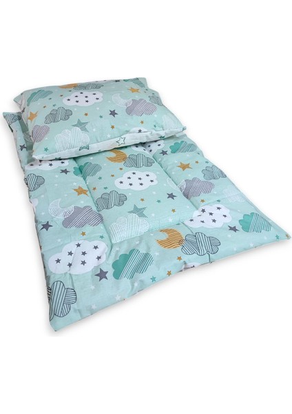 Pamuklu Kumaştan Alt Açma Minderi ve Yastığı (Yeşil Bulutlu/yıldızlı) modelleri