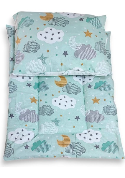 Pamuklu Kumaştan Alt Açma Minderi ve Yastığı (Yeşil Bulutlu/yıldızlı) fırsatları