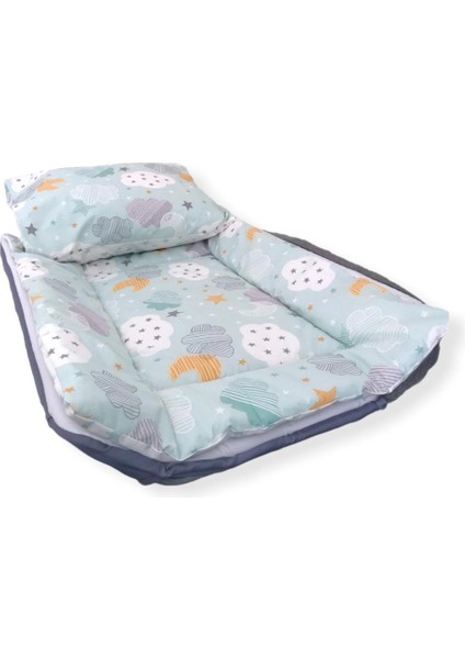 Pamuklu Kumaştan Alt Açma Minderi ve Yastığı (Yeşil Bulutlu/yıldızlı)