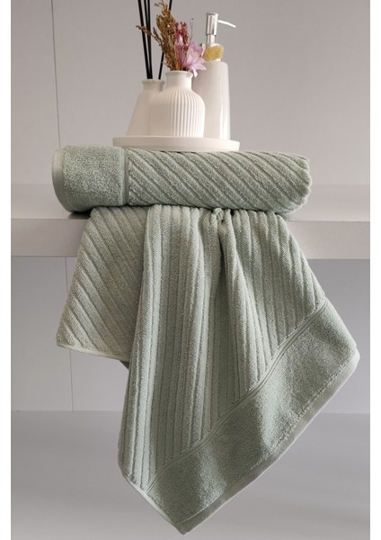 Yumuşak %100 Pamuk El Havlusu 50X90 cm - 2'li Geometrik Havlu Seti - Yeşil