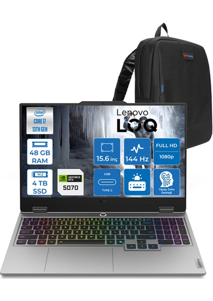 Loq Intel Core I7 13650HX 48GB Ddr5 4tb SSD 8GB/RTX5070/115W 15.6" Fhd IPS 300NITS 100% Srgb 144Hz Freedos Taşınabilir Bilgisayar 15IRX10700F20 + Zettaçanta