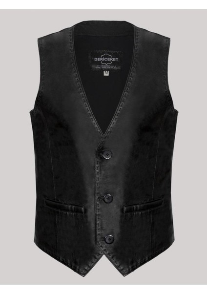 Hakiki Deri Hakiki Deri Siyah Düğmeli Erkek Yelek