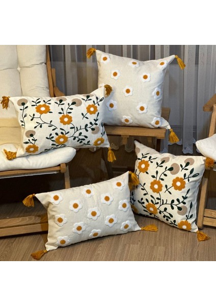 4’lü Punch Işlemeli Nakışlı Çiçek Desenli Dekoratif Kırlent Kılıfı Panç