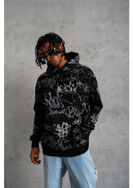 Erkek Baskılı Kapüşonlu Ribanalı Sweat - Siyah fiyatları