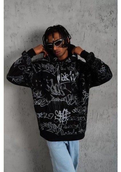 Erkek Baskılı Kapüşonlu Ribanalı Sweat - Siyah modelleri